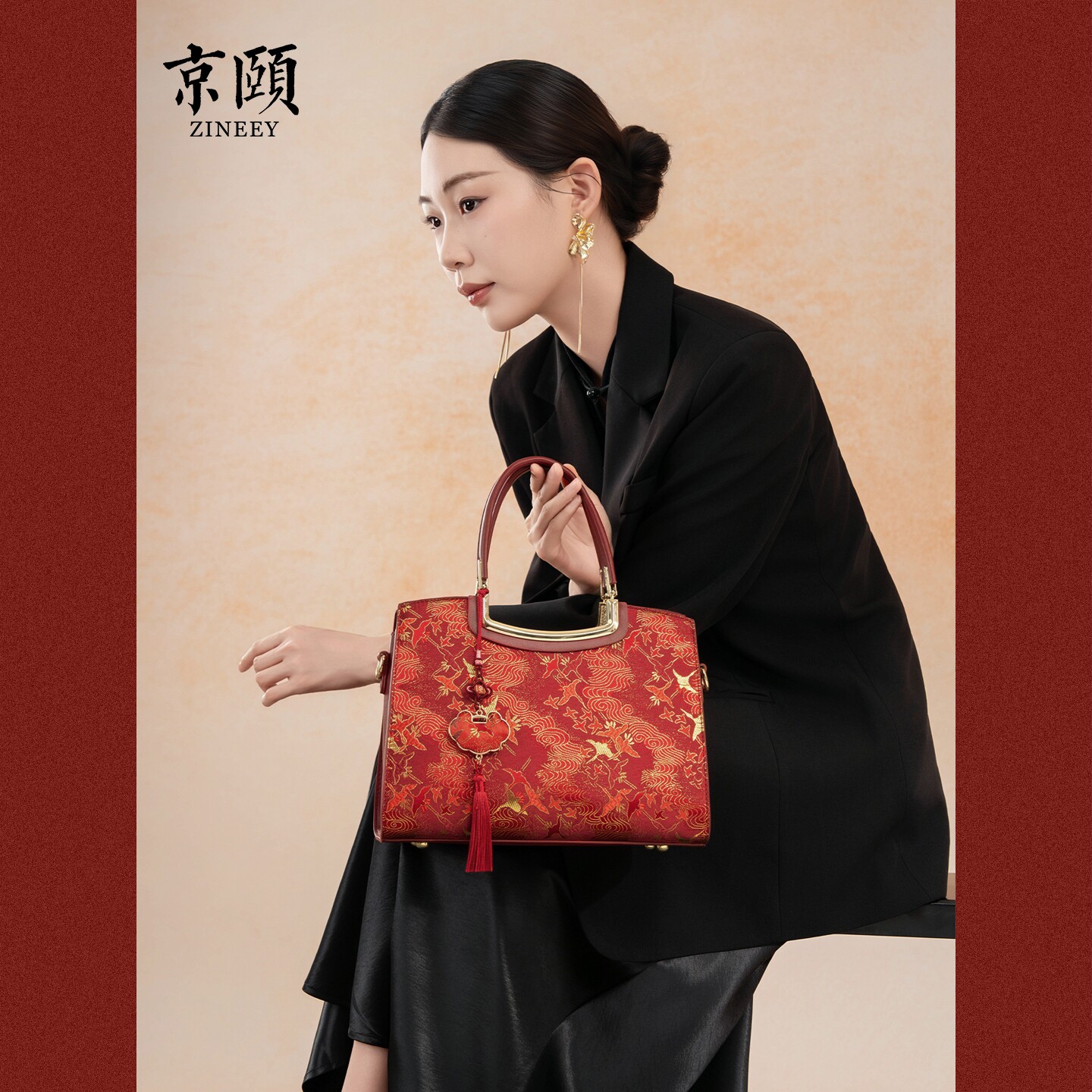 鎏金织锦祥云飞鸟手提包喜妈妈七夕订婚国庆婚礼大容量两用斜挎包