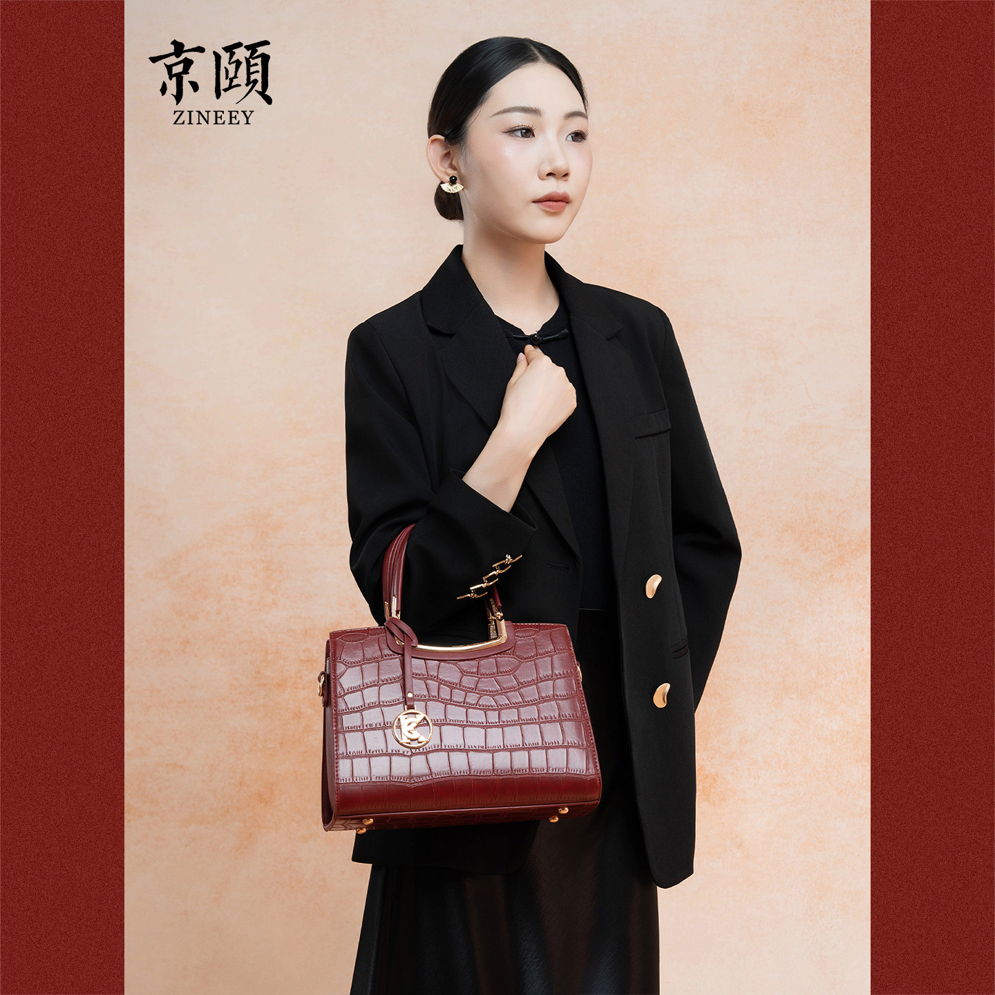 酒红鳄鱼纹手提包女轻奢大容量婚宴托特包大气喜婆婆斜挎两用包