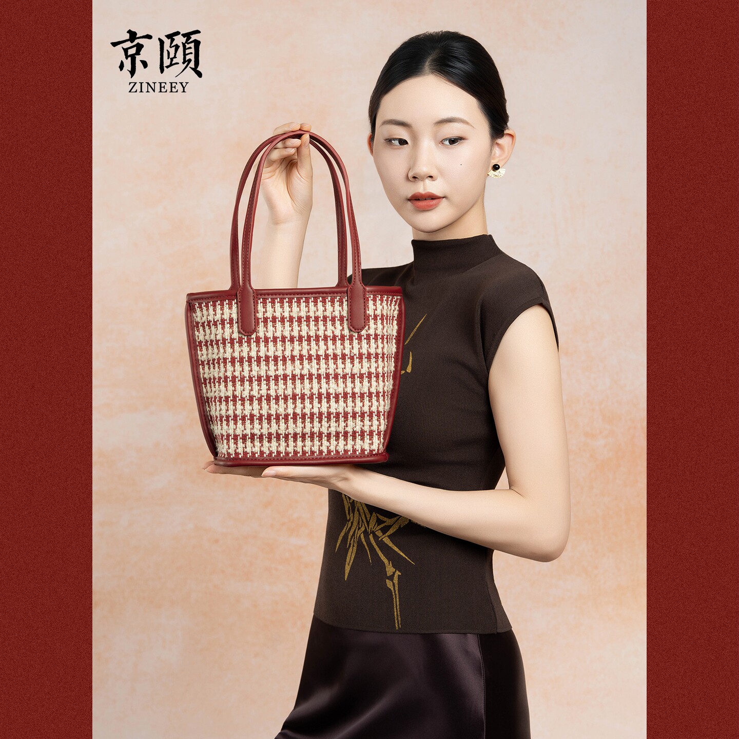 高级感红色千鸟格新款水桶包菜篮子新娘结婚手提包礼物日常可用