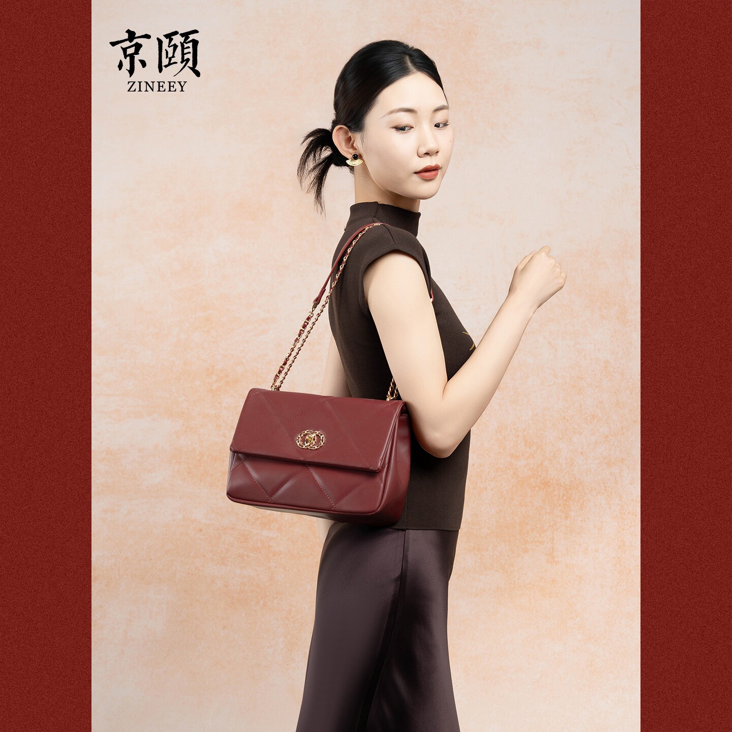 京颐酒红色菱格链条包女东方极简通勤高级感小众不撞款单肩斜挎包