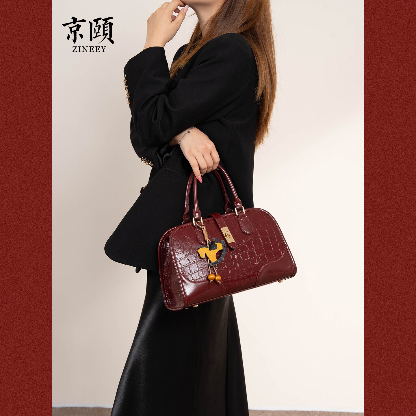 酒红色鳄鱼纹贝壳手提包复古高级感结婚包女大容量百搭通勤婚宴包