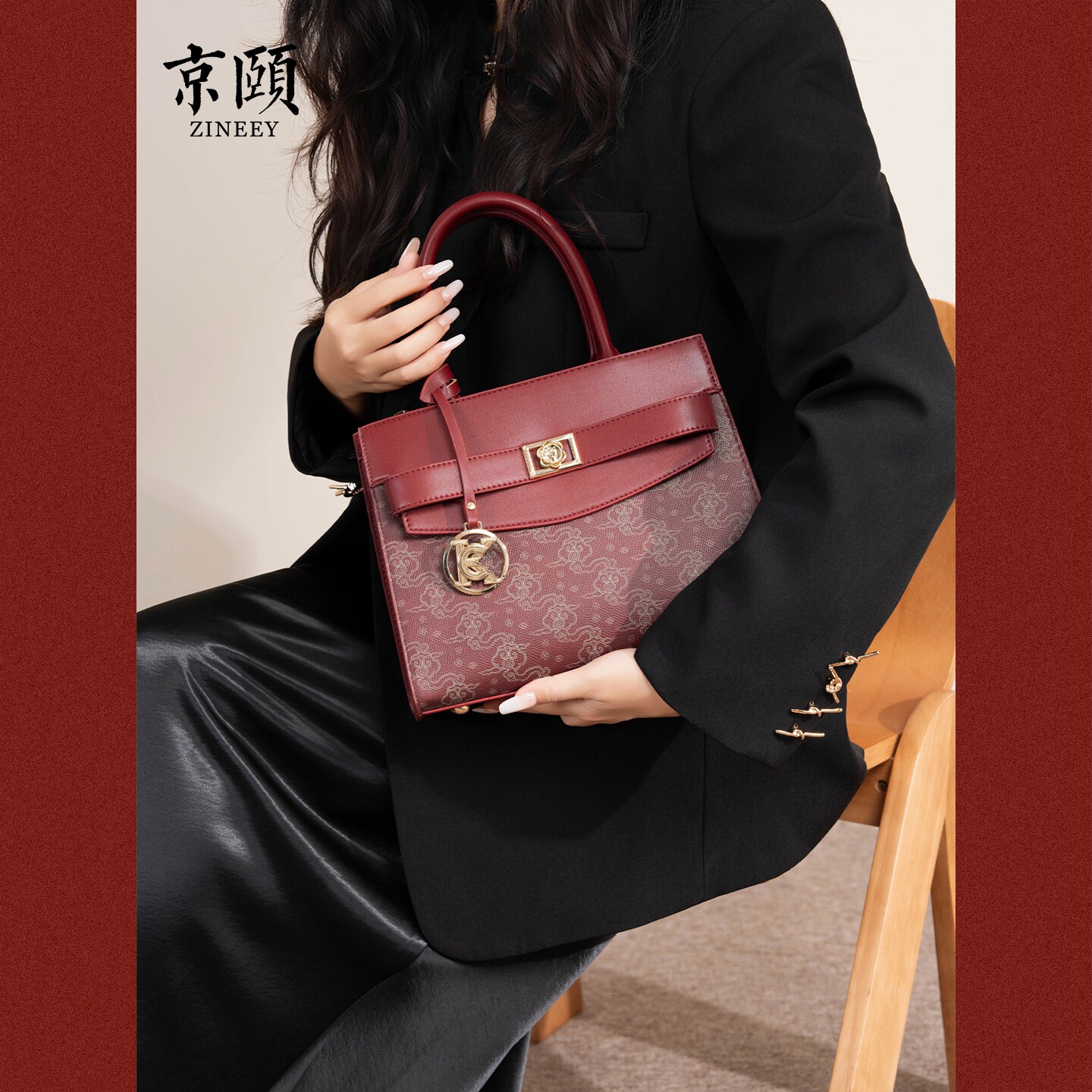 国风祥云酒红手提婚包大容量喜妈妈婚宴包喜庆日常通勤两用女包