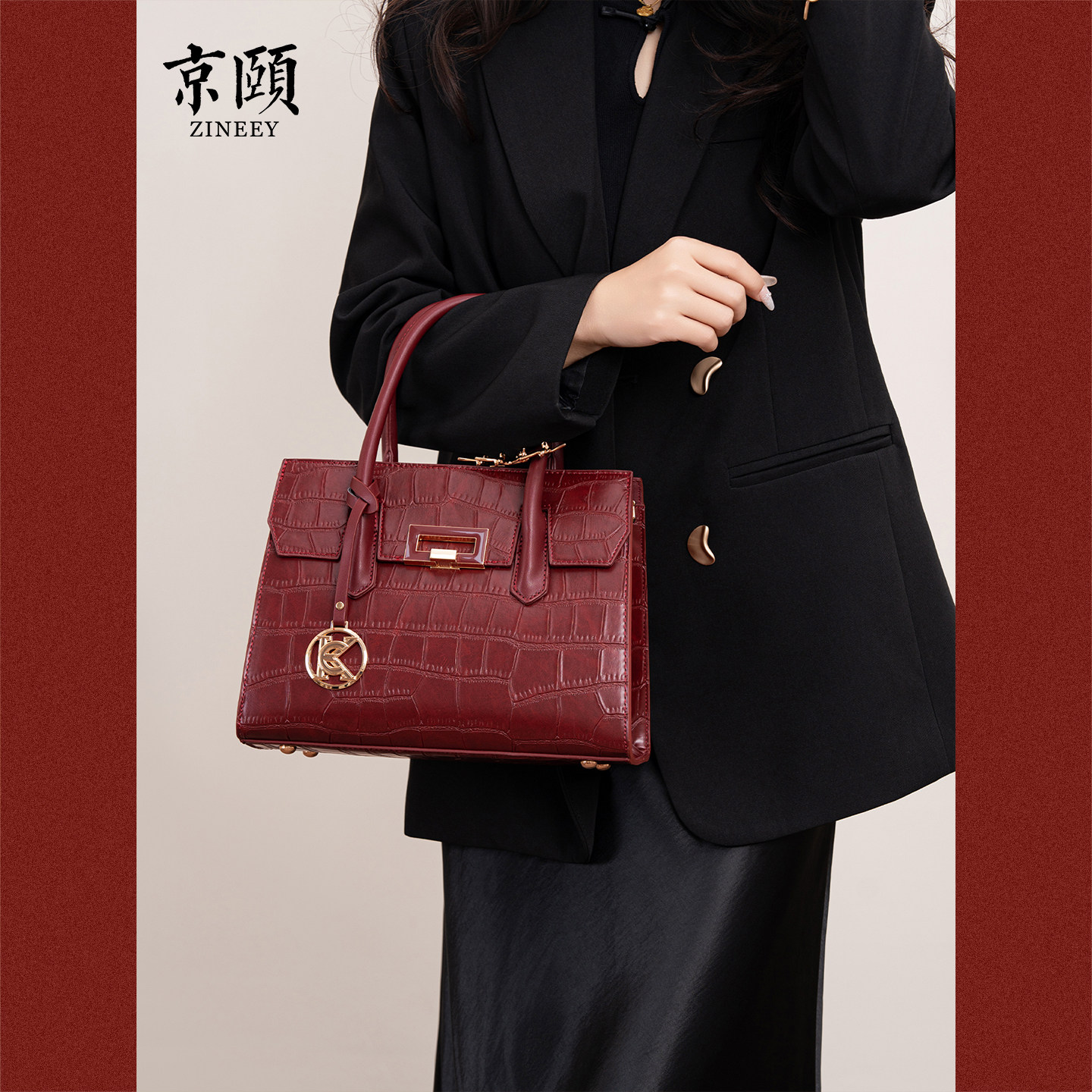 酒红色鳄鱼纹手提包女 轻奢大容量新娘包中年妈妈宴会斜挎两用包