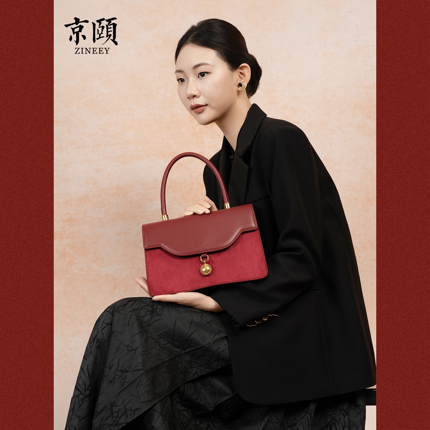 酒红千鸟格手提新娘婚包 2026新款高级感丝绒拼接小方包通勤女包