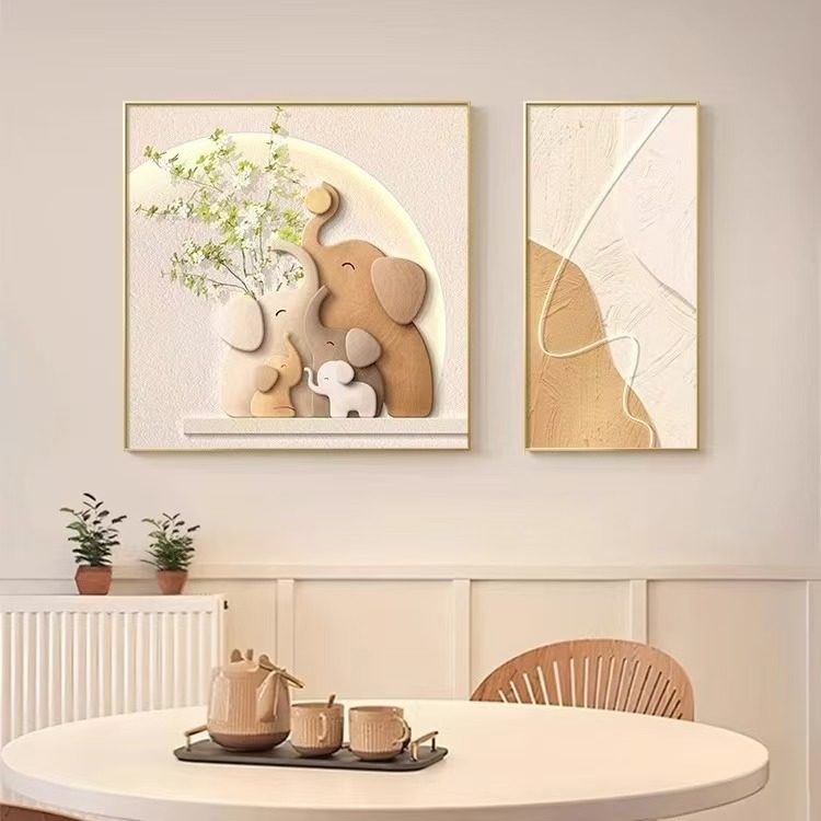餐厅装饰画新款奶油风高级感大象绿植厨房饭厅二联画壁画餐桌挂画