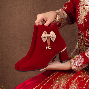 粗跟新娘结婚靴子秀禾婚纱两穿红色高跟鞋 女2025新款 短靴 婚鞋 冬季