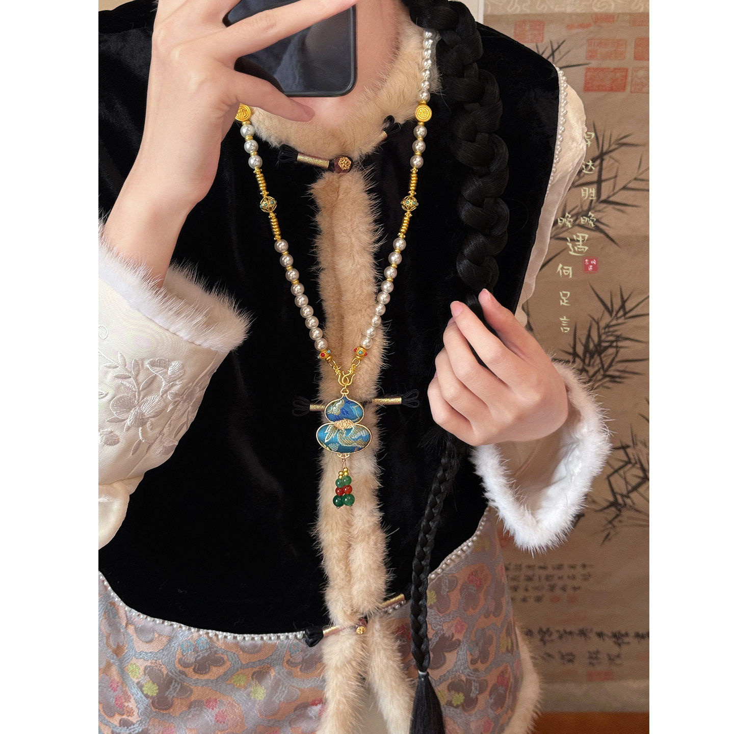 ［福禄双喜］宋锦葫芦珍珠项链女新中式国风长款毛衣链民族风配饰