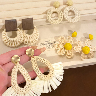 复古布艺小花朵编织耳坠女海边度假风气质耳环波西米亚风小众耳钉