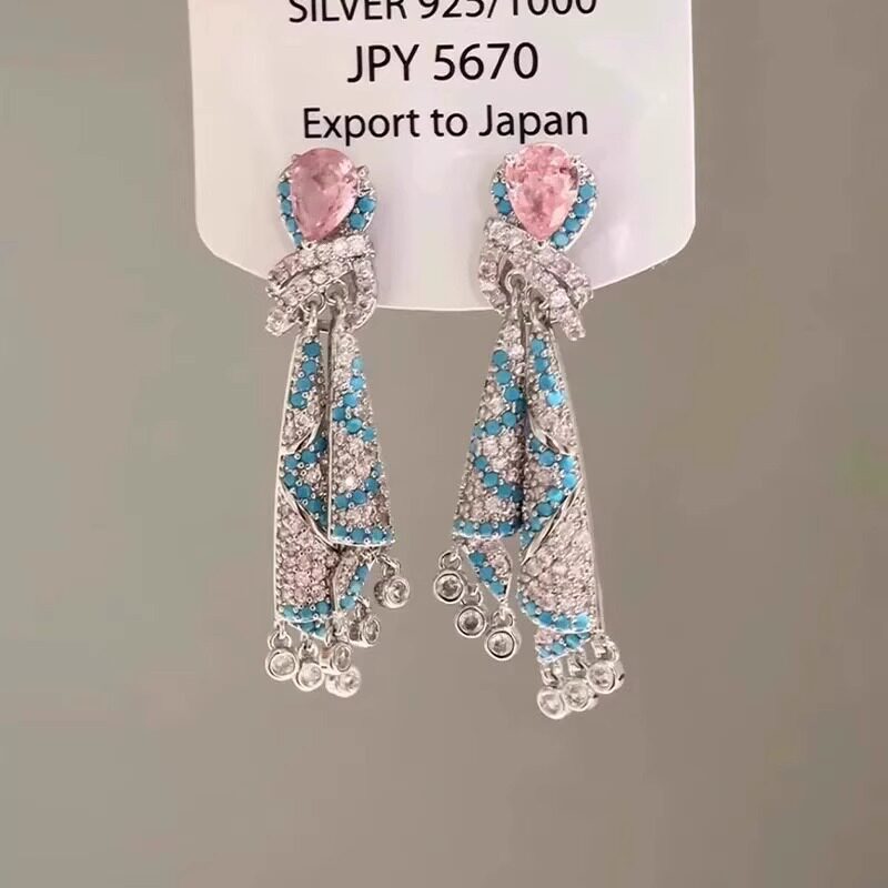 s925银满钻彩色丝绸耳环轻奢小众感耳钉民族风流苏长款耳饰女包邮