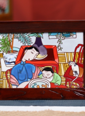 27*37新中式老榆木挂画洛阳手工瓷板画装饰摆件