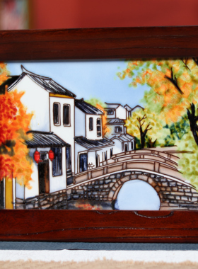 27*37新中式老榆木挂画洛阳手工瓷板画装饰品