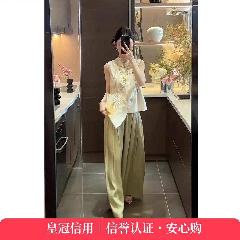 国风女装2025新款复古新中式刺绣上衣夏季气质垂感高腰休闲裤套装