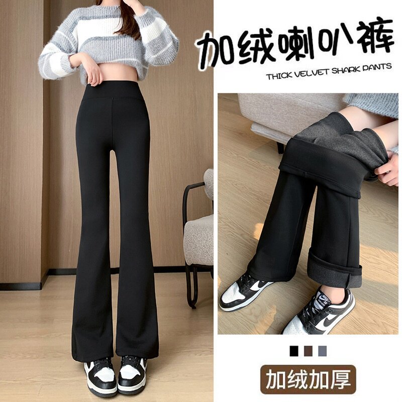 加绒鲨鱼裤高腰显瘦打底裤女黑色冬季外穿瑜伽塑形裤微喇叭阔腿裤