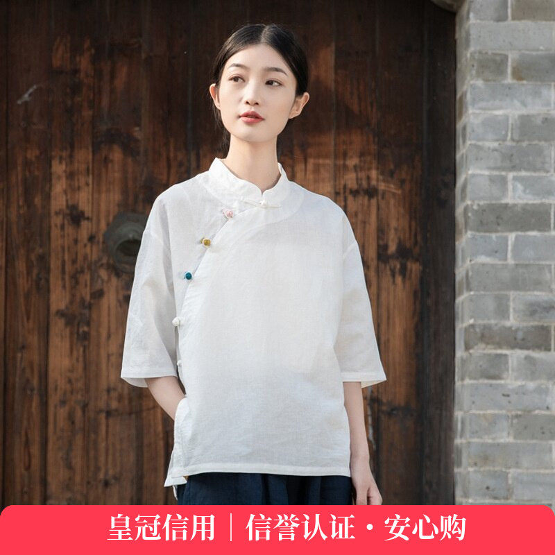 2026夏新品棉麻女装复古立领偏襟薄款拼色盘扣短袖上衣女茶服衬