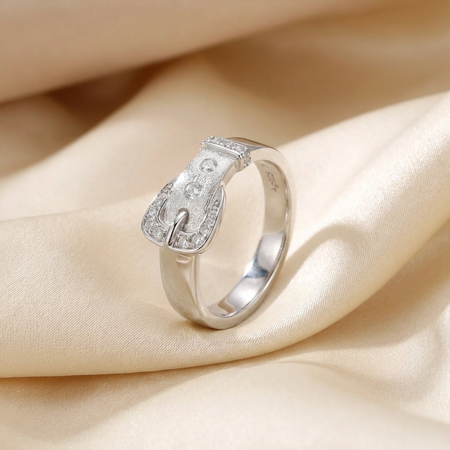 复古新中式拉丝工艺中古风镶钻小皮带戒指百搭设计时尚精致食指戒