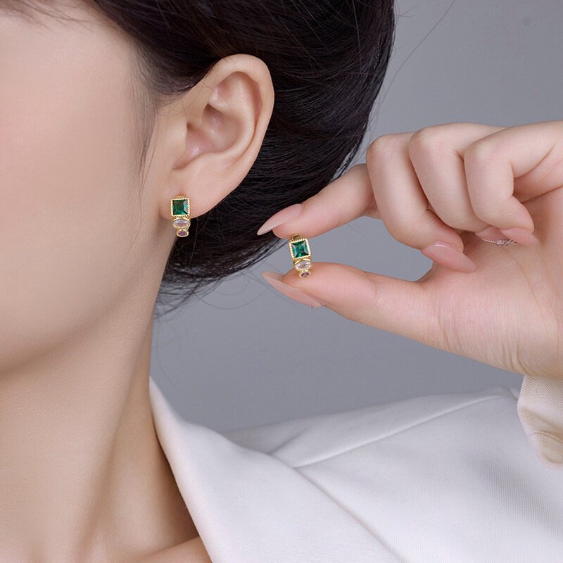ins风简约轻奢C形耳环 18K铜镀金微镶锆石欧美复古气质设计感耳饰