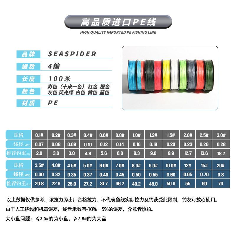 4编100米Seaspider品牌PE编织线海钓鱼线路亚渔线0.1-0.2-0.3号线