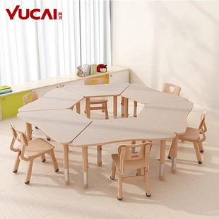 育才幼儿园儿童升降桌椅套装可拼式梯形桌手工画画培训班早教桌子