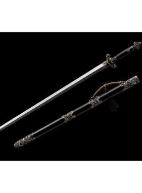 龙泉古铁斋宝剑九龙剑纯铜做旧黑檀木四面百炼花纹钢冷兵器未开刃