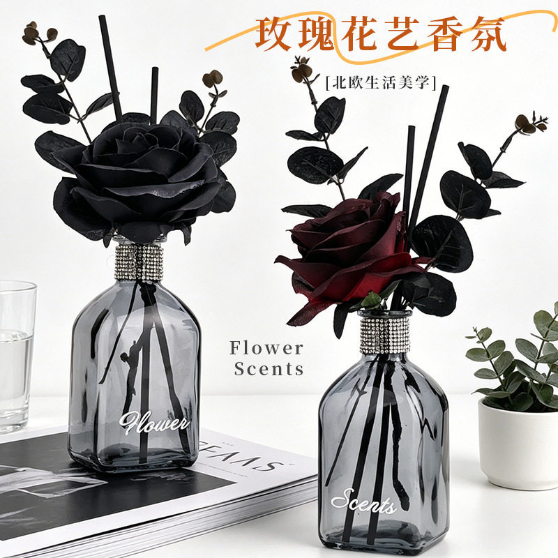 北欧暗黑玫瑰花艺香薰家用无火香薰藤条香薰摆件卧室客厅厕所跨境