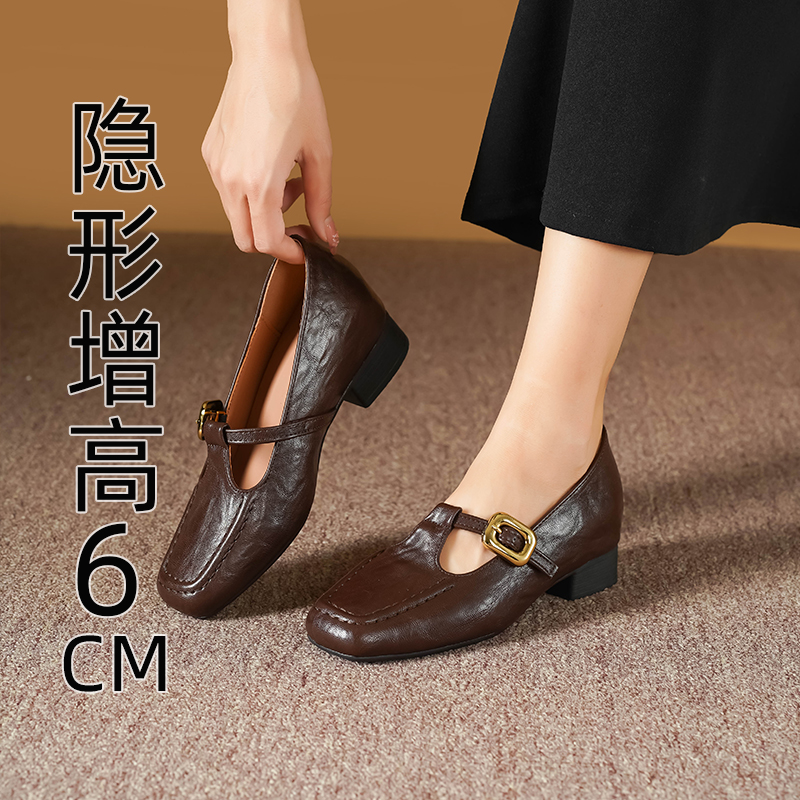 法式复古内增高玛丽珍鞋女6CM方头一字扣带粗跟百搭软底小皮鞋