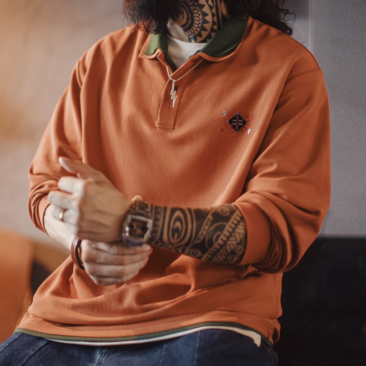 马登工装美式复古纳瓦霍polo领卫衣假两件长袖橘色针织polo衫男秋