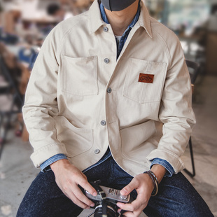 马登工装法式复古猎装休闲白色牛仔夹克衬衫修身上衣美式外套男秋