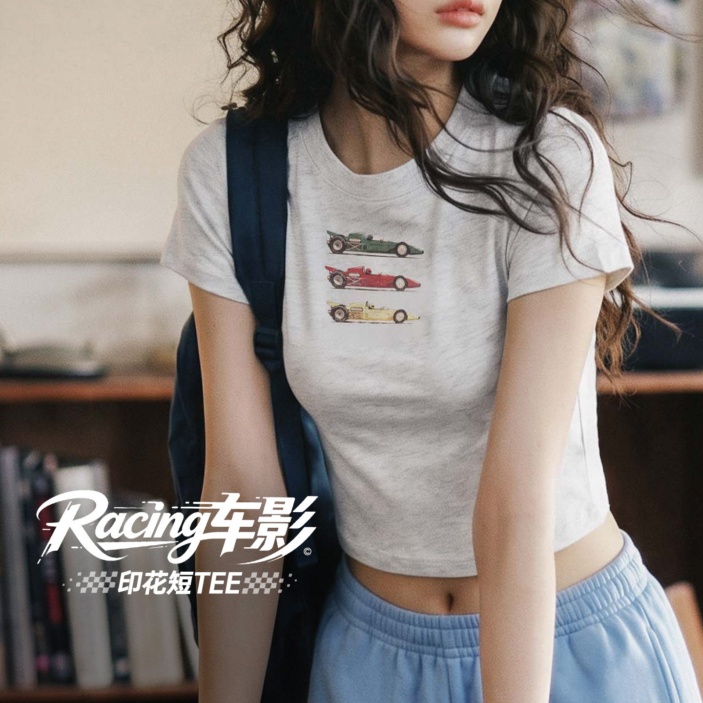 马登美式复古重磅正肩修身短款赛车印花短袖t恤辣妹风上衣女士夏