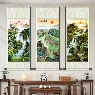 山水字画宣纸字画定制旭日东升玄关画卷轴画国画酒店装饰画丝绸画