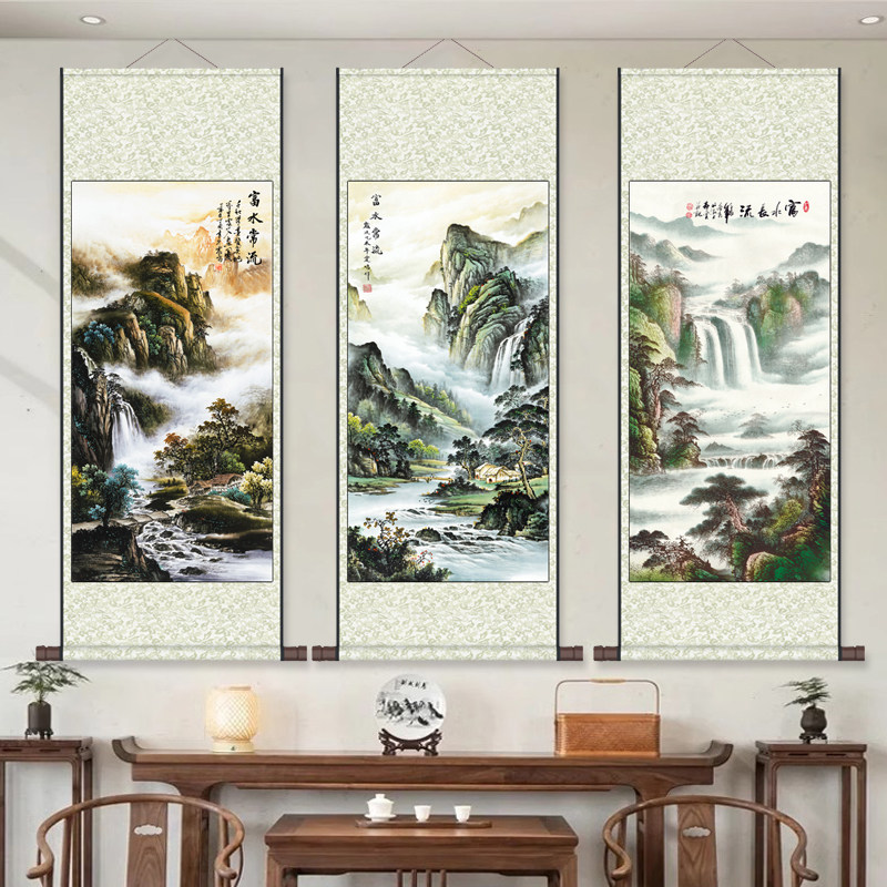 旭日东升招财山水丝绸卷轴画条幅玄关画挂画酒店壁画办公室装饰画,家居饰品,国画,淘宝优惠券,粉丝福利购,淘宝优惠卷