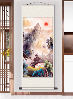 大展宏图富水长流紫气东来招财山水画 高山流水旭日东升丝绸画