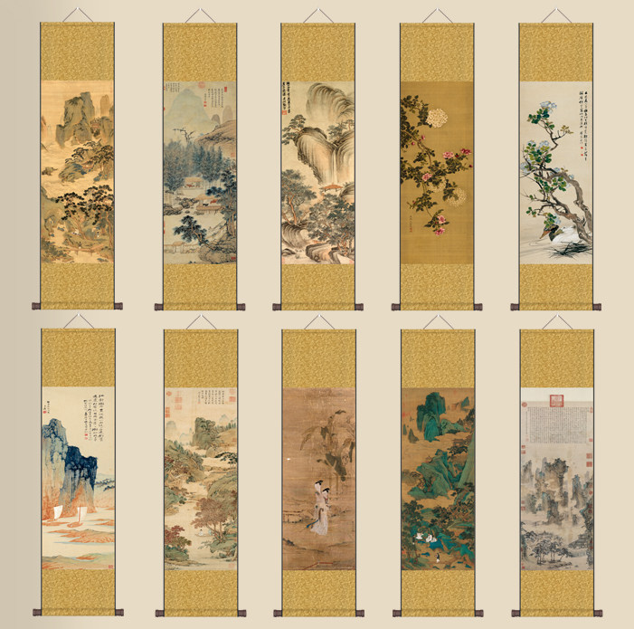 明代卷轴画仇英多条屏山水画花鸟画人物画桃源仙境 枫溪垂钓沈铨,家居饰品,国画,淘宝优惠券,粉丝福利购,淘宝优惠卷