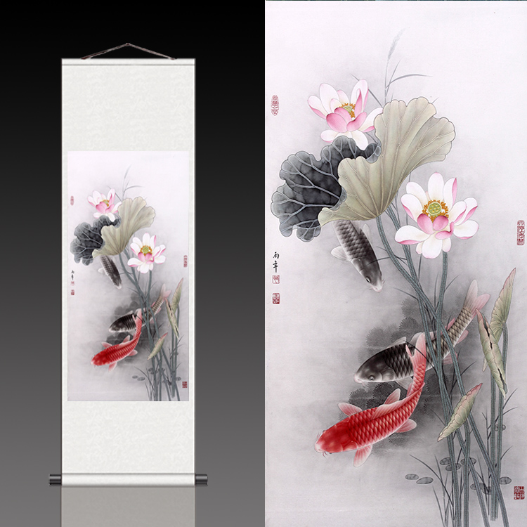 荷花鲤鱼国画水墨画花鸟虫鱼招财纳福莲花卷轴画丝绸画绢画