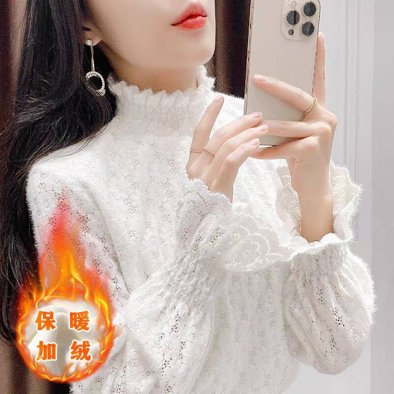 加绒加厚半高领磨毛蕾丝打底衫女喇叭袖保暖秋冬内搭洋气网纱上衣,女装/女士精品,蕾丝衫/雪纺衫,淘宝优惠券,粉丝福利购,淘宝优惠卷