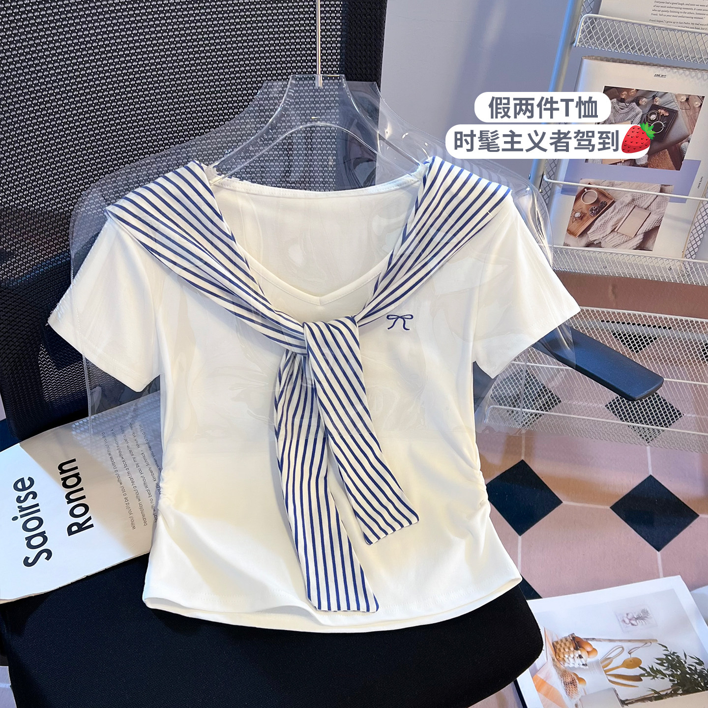 啄木鸟纯棉条纹短袖T恤女2026夏季新款修身褶皱学生短款打底衫女