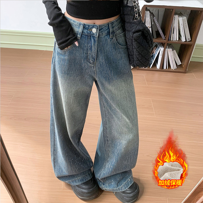啄木鸟加绒烫钻牛仔裤女高腰直筒