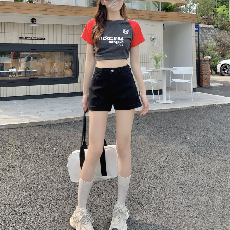 啄木鸟黑色高腰牛仔短裤女纯棉夏季薄款弹力休闲裤阔腿a字热裤子