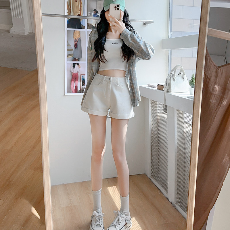啄木鸟纯棉白色牛仔短裤女夏季薄款高腰显瘦弹力a字阔腿热裤子女