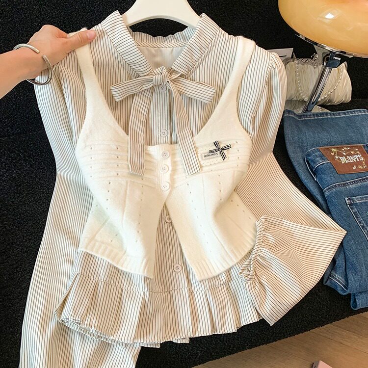 法式条纹荷叶边衬衫针织衫叠穿马甲毛衣女春秋季两件套装女打底衫