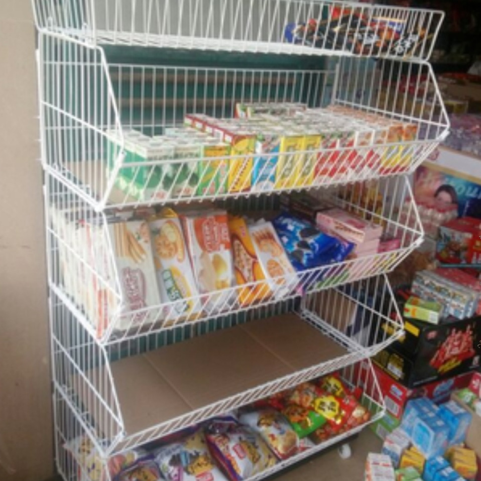 斜口篮货架玩具店药店置物架零食小货架超市货架面包架内衣架带轮