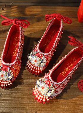 原创明制中式秀禾鞋流苏古风复古汉服新娘婚鞋绣花红色结婚鞋增高