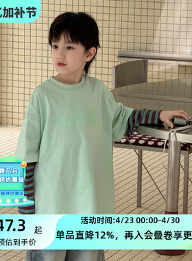 儿童条纹袖拼接T恤长袖2026春季新款圆领T恤女童拼接袖假两件童装