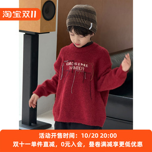 儿童毛衣2025冬装新款韩版针织上衣洋气红色衣服男女宝圆领套头衫
