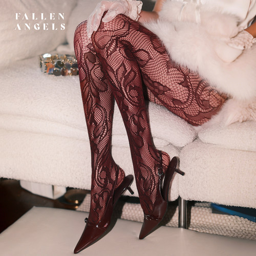 凡洛纪暗红提花复古镂空网袜