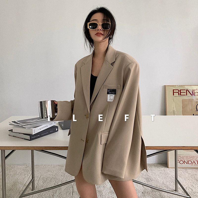 2021早秋新品韩版女装休闲小西装廓形外套上衣中长款宽松西服_虎窝淘