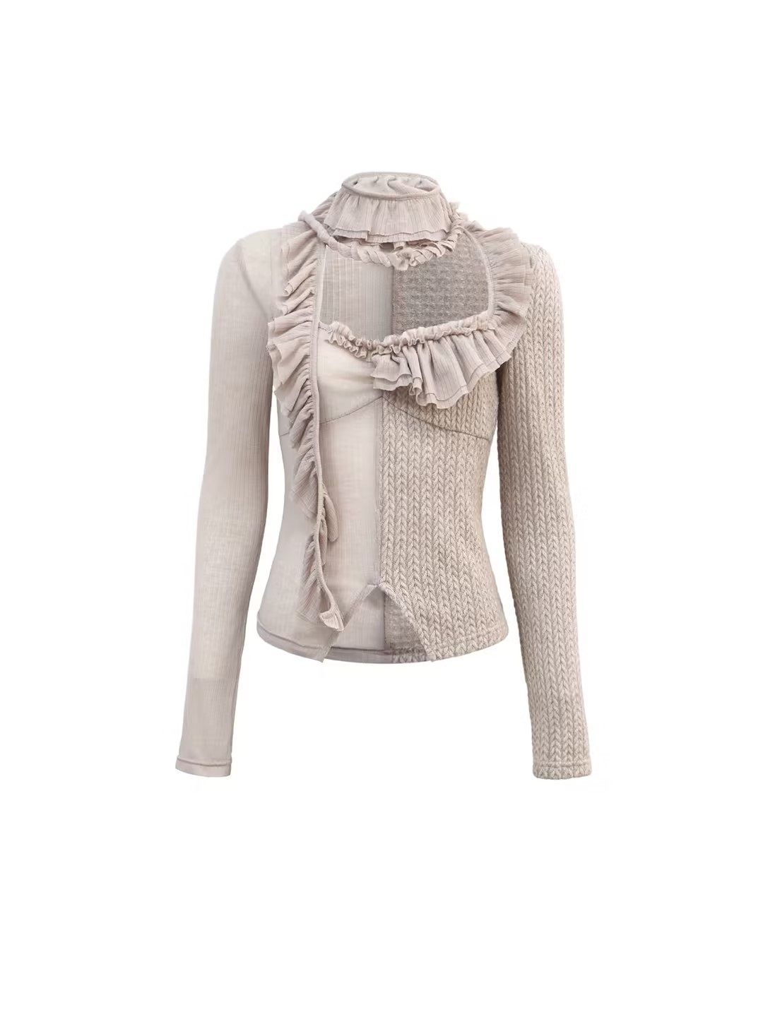 thumbnail for Floirds Market Design Hot Girl Knit Paneled Ruffled Streamer Long Sleeve Top (2 Colors)