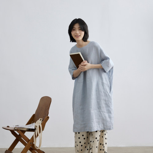 拙外【云边】圆领连衣裙女夏新款亚麻高级感冷淡系独特别致裙子