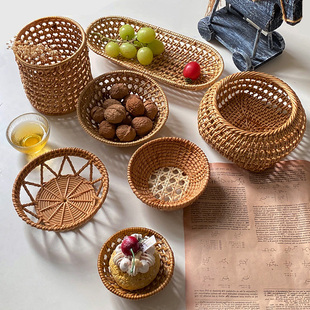 镂空藤制点心篮子精巧手工编织果碟餐桌装饰糖果小食盘油炸物托盘