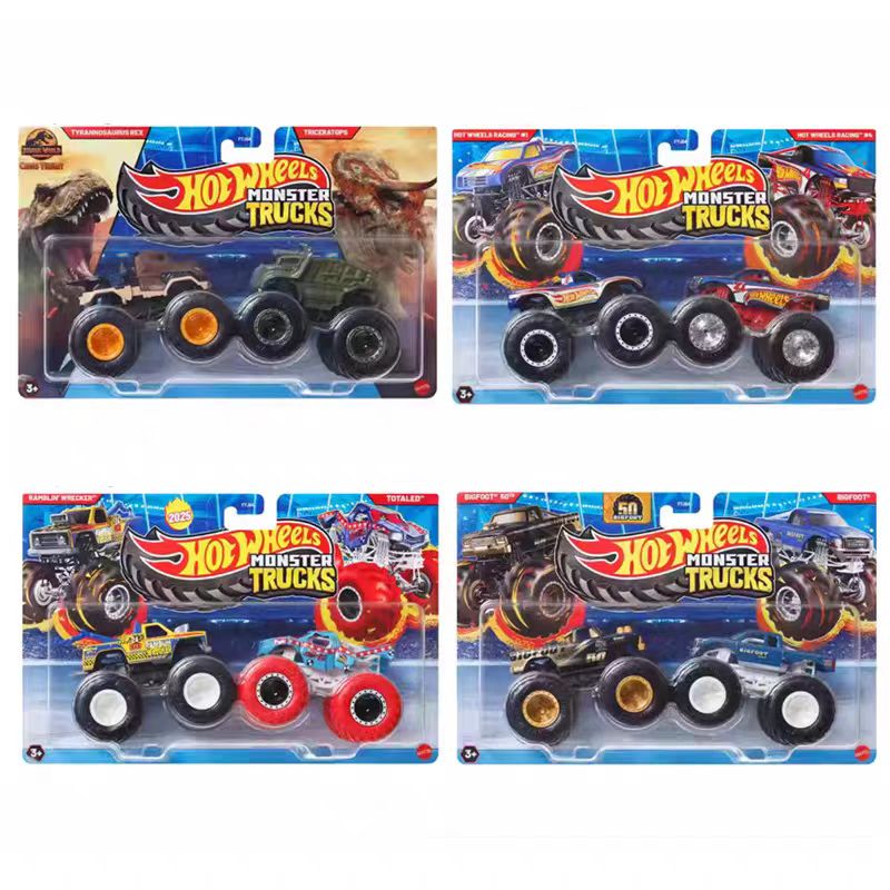 正版风火轮狂野大脚车系列两辆装FYJ64男孩合金小车玩具越野静态