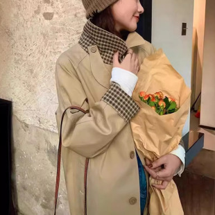 风衣女小个子2024春秋新款韩版卡其色格纹风衣女中长款女生外套潮
